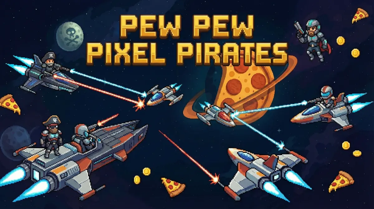 Titelbild von Pew Pew Pixel Pirates: Piratenraumschiffe, Laser und ein Pizzaplanet